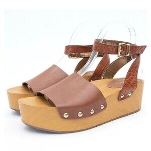 Sam Edelman Brynn Clog Sandal Sz 8.5 Wooden Platform Brown Leather Strap Studded